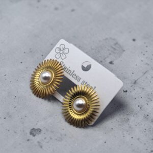 Gold Sunburst Pearl Stud Earrings for Women