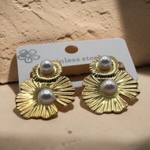 Gold Floral Pearl Drop Earrings for Women