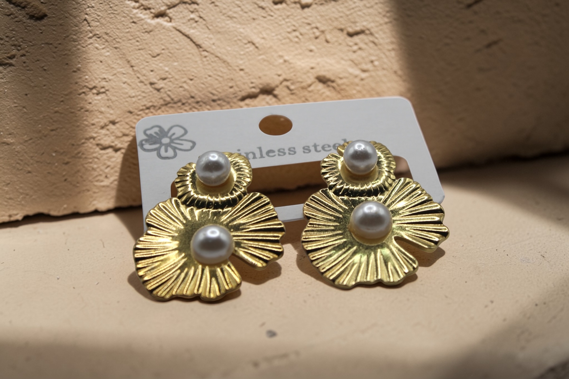 Gold Floral Pearl Drop Earrings for Women