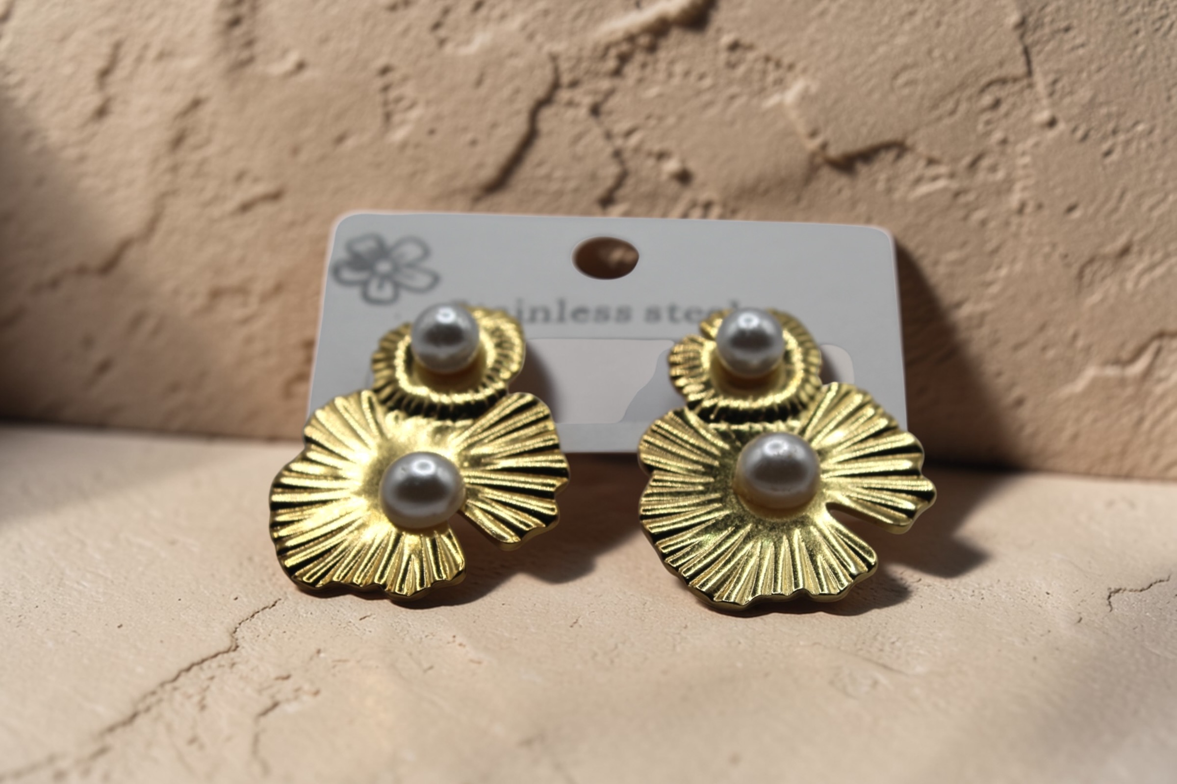 Gold Floral Pearl Drop Earrings for Women - Image 2