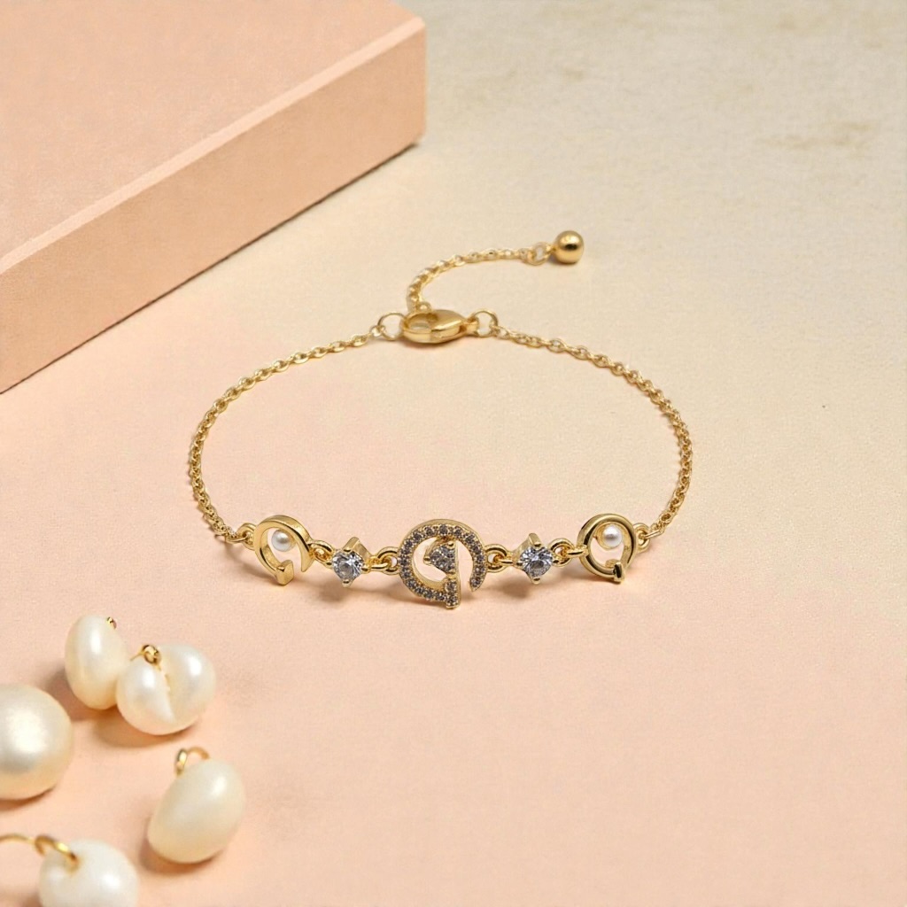Gold Initial Charm Bracelet with Crystals & Pearls