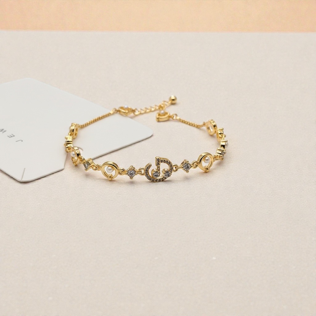 Gold Initial Charm Bracelet with Crystals & Pearls - Image 3