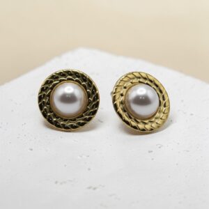Gold Textured Pearl Stud Earrings
