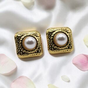 Gold Square Pearl Stud Earrings