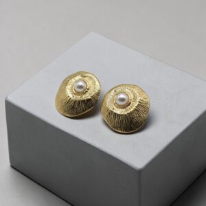 Gold Textured Pearl Stud Earrings