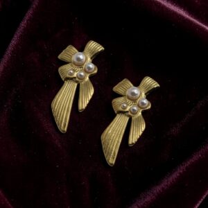 Gold Bow Pearl Drop Earrings