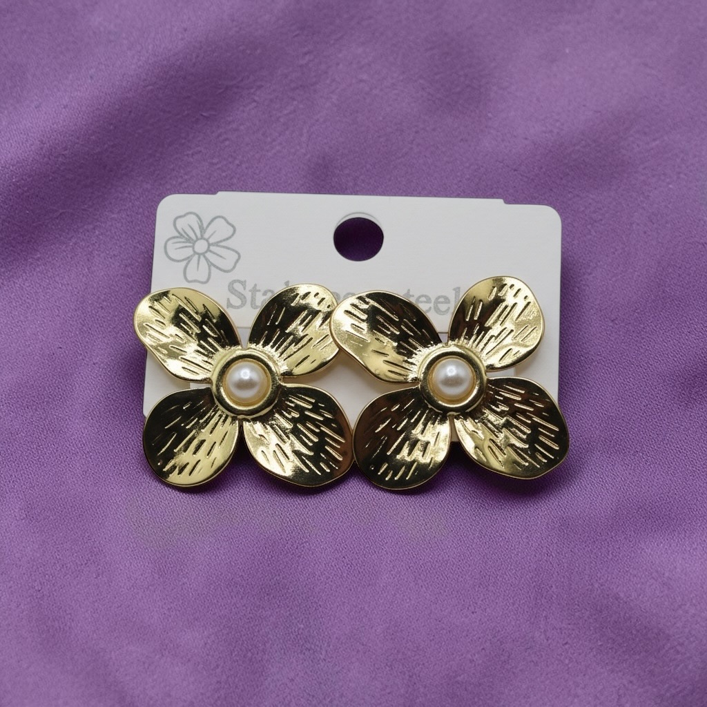 Gold Floral Pearl Stud Earrings