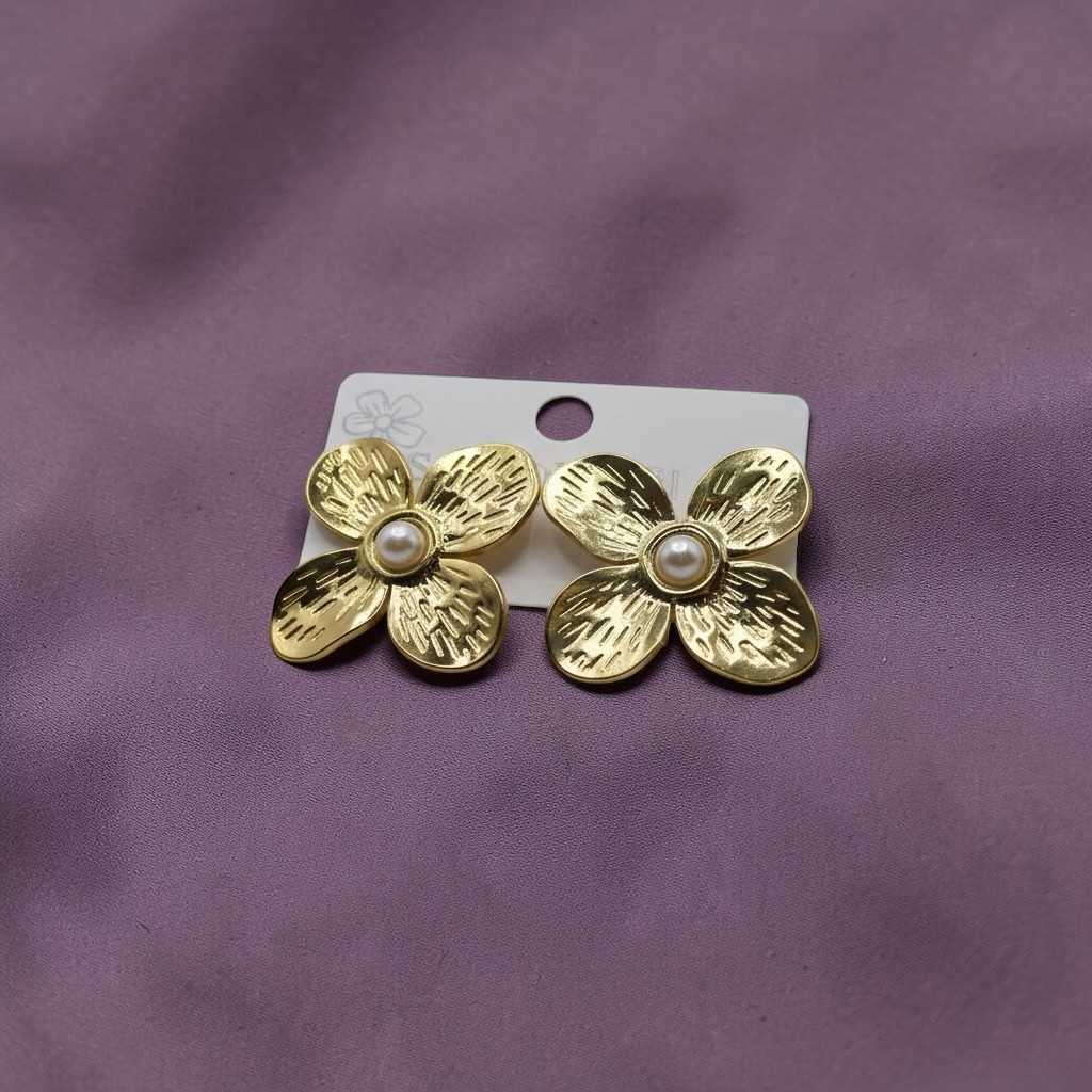Gold Floral Pearl Stud Earrings - Image 2