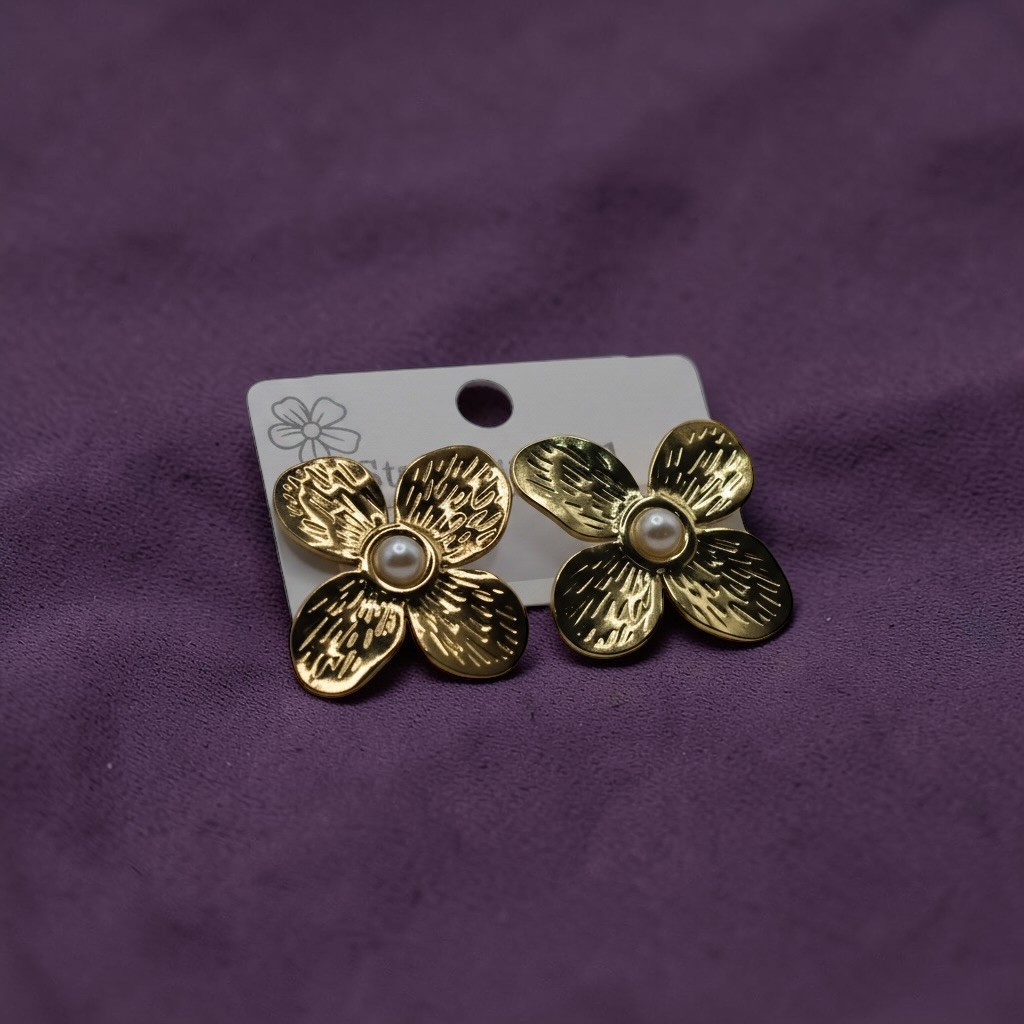 Gold Floral Pearl Stud Earrings - Image 3