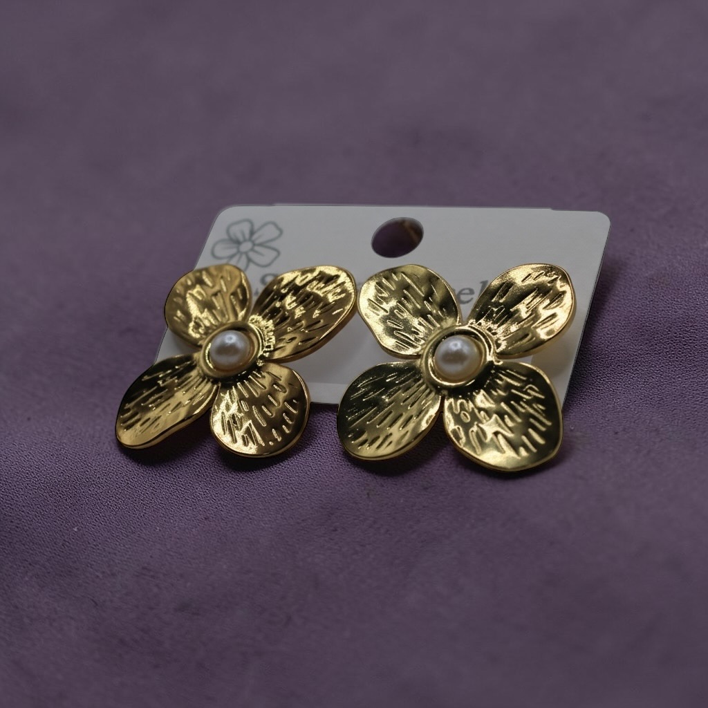 Gold Floral Pearl Stud Earrings - Image 4